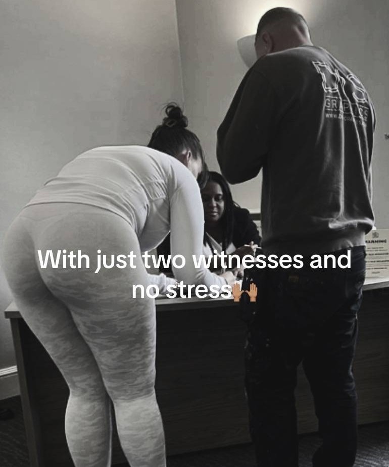 a man and a woman standing in front of a desk with the words " with just two witnesses and no stress " on the bottom