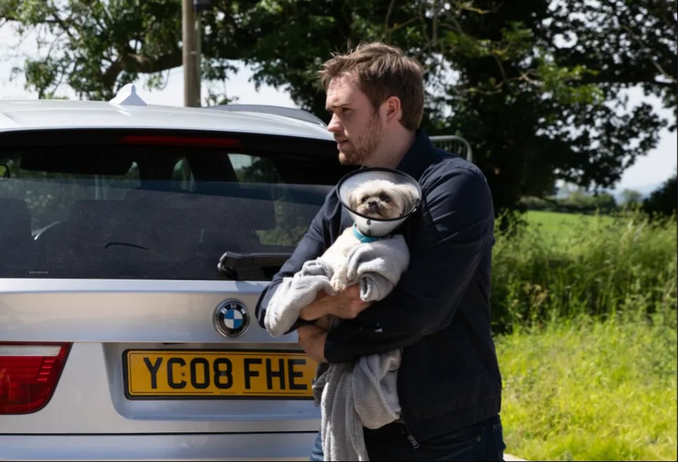 a man holding a small dog in front of a bmw with a license plate that says yc08 fhe