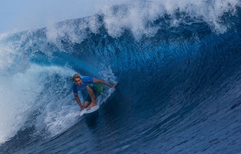 Ethan Ewing competed in the men’s quarterfinals of surfing in the Games