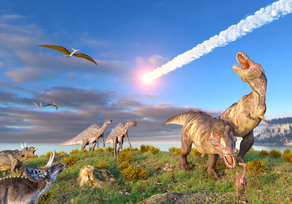 The six-mile wide asteroid is seen entering the earth's atmosphere as helpless dinosaurs watch on