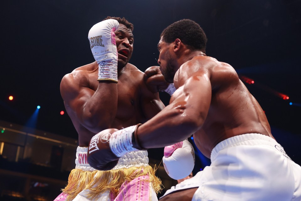 two boxers are fighting with one wearing a pair of gloves that say king