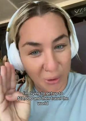 a woman wearing headphones is trying to get up to $ 10,000 and then travel the world .