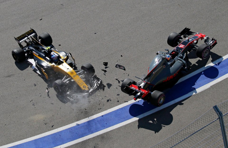 Jolyon Palmer smashed into Romain Grosjean of Haas F1 Team at the Russian Grand Prix in 2017.