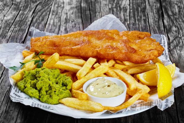 a plate of fish and chips with mashed potatoes and tartar sauce