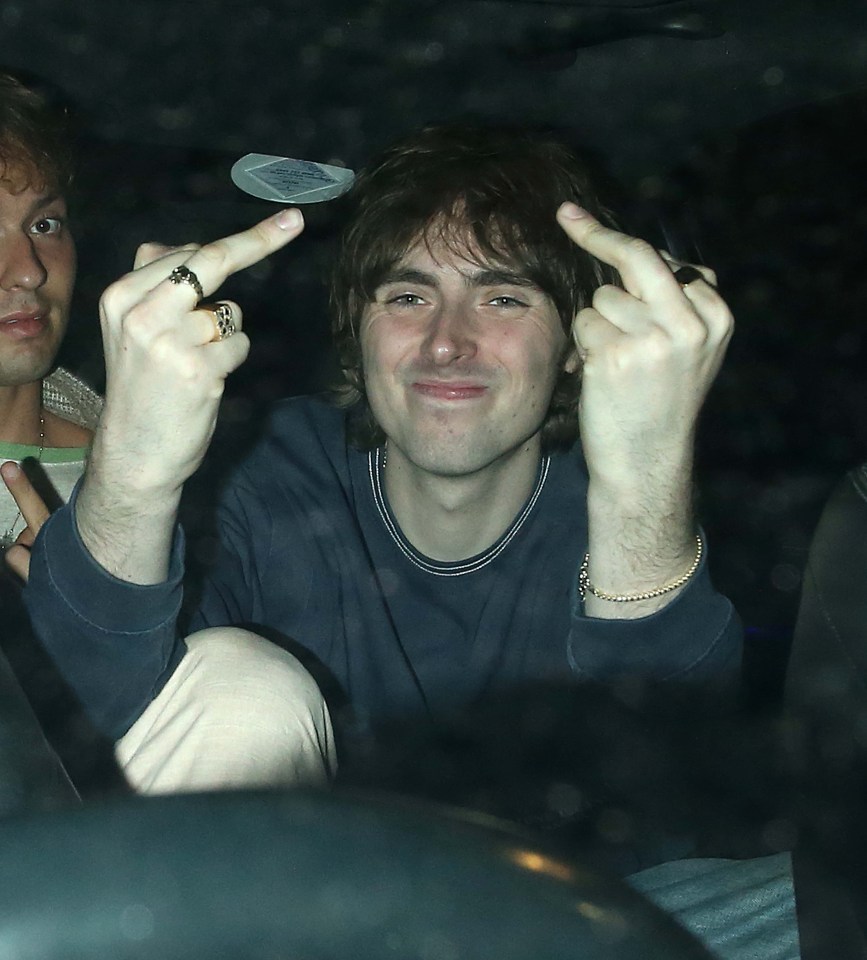 Gene Gallagher the son of Oasis star Liam seen leaving The Chiltern Firehouse In London showing the middle finger