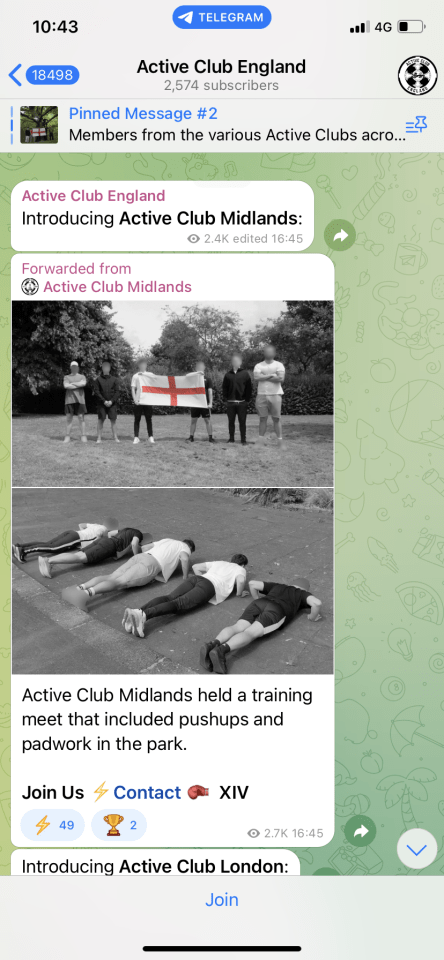 'Active Club' members shared photos of themselves, with blurred faces, training for mass disorder in fitness sessions