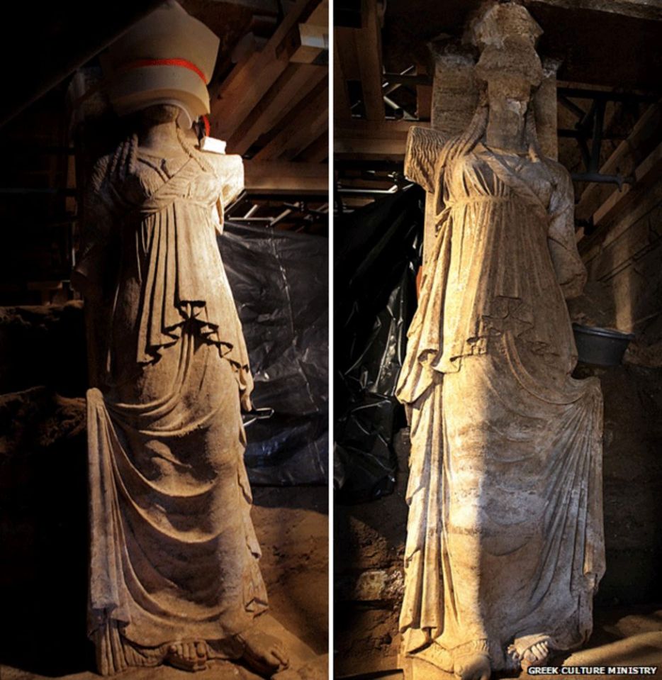 Experts discovered two giant women sculptures inside the tomb