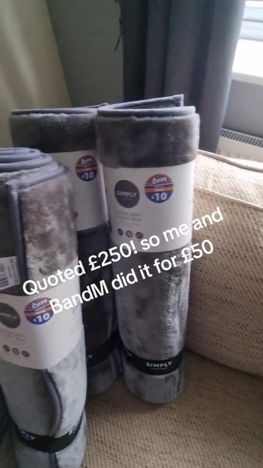 three grey blankets are stacked on top of each other with the words quoted £ 250 so me and bandm did it for £ 50