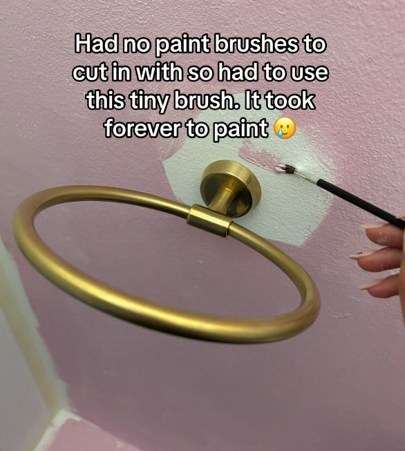 a picture of a towel ring that says " had no paint brushes to cut in with so had to use this tiny brush "