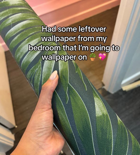 a person holding a roll of wallpaper that says " had some leftover wallpaper from my bedroom that i 'm going to wallpaper on "