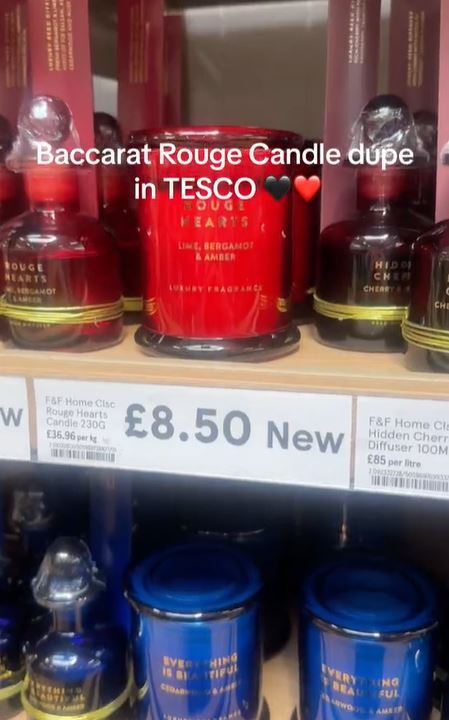 a display of baccarat rouge candle dupe in tesco