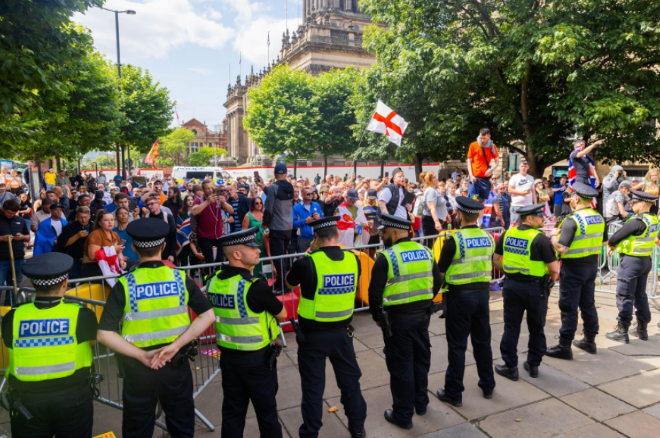 Demonstrators face off towards police in Leeds on Saturday