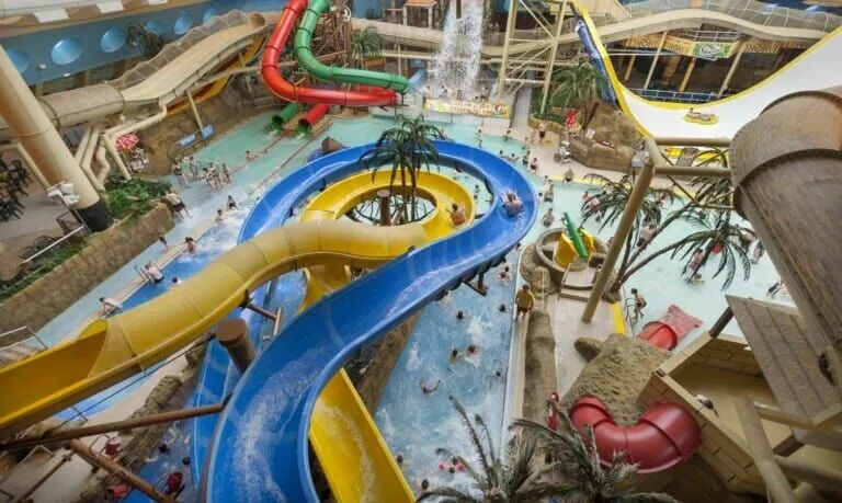 a group of people are playing in a water park .