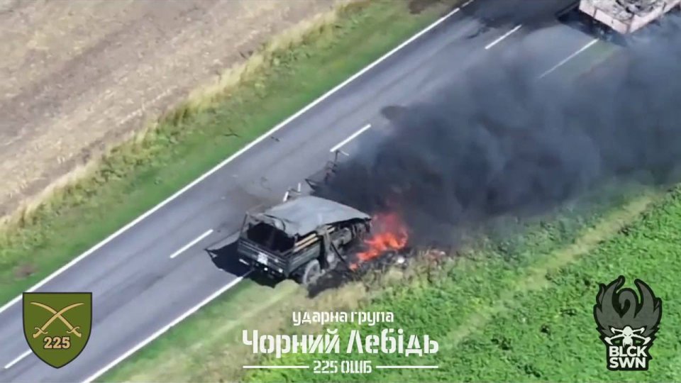 Ukrainian troops dropped bombs via drones on the trucks to fully disable them