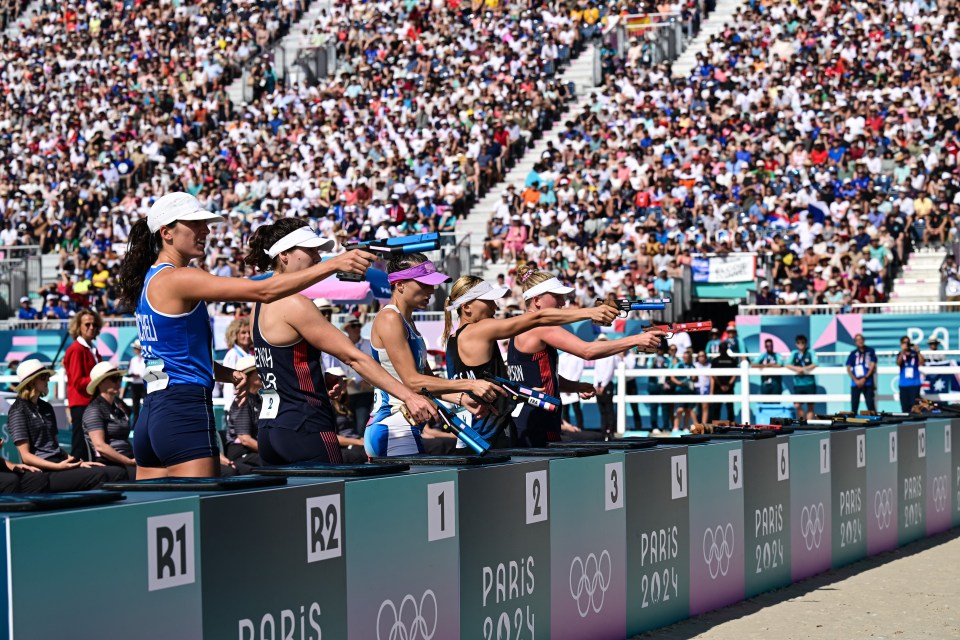 French (second in) competing in the shooting section in Saturday's semi-final