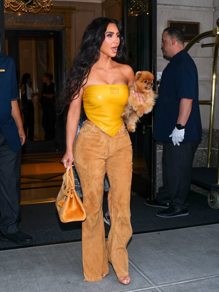 Kim Kardashian is seen leaving The Ritz-Carlton in New York with her pooch Sushi