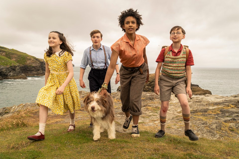 a group of children are walking a dog on a cliff near the ocean