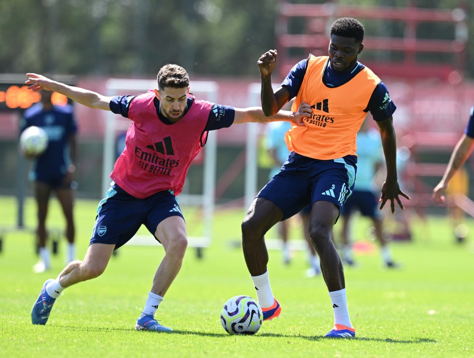 Thomas Partey, right, pictured alongside fellow Arsenal midfielder Jorginho, is at the centre of more transfer speculation