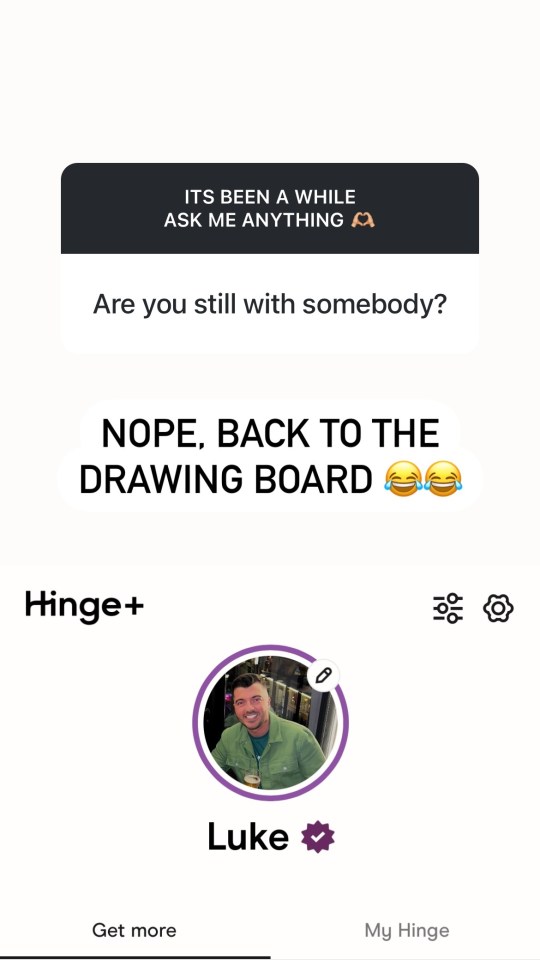 a screenshot of the hinge app asking if someone is still with somebody