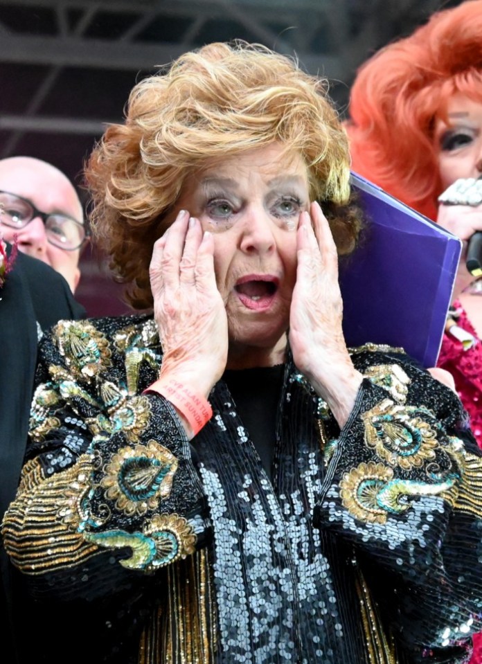 EXCLUSIVE ALL ROUND..Coronation Street legend Barbara Knox takes to the stage at Manchester Pride..The 90 Year old performed Well Meet Again and New York New York before the tearful soap star was presented with the Manchester Icon Award..PIC BY MARK CAMPBELL AND STEPHEN FARRELL/ MCPIX 07778 526193..