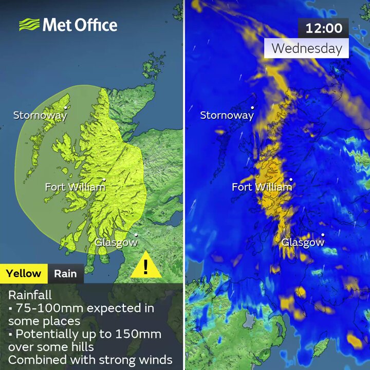 The Met Office has issued three yellow warnings for the northeast of England and Scotland across Monday, Wednesday and Thursday