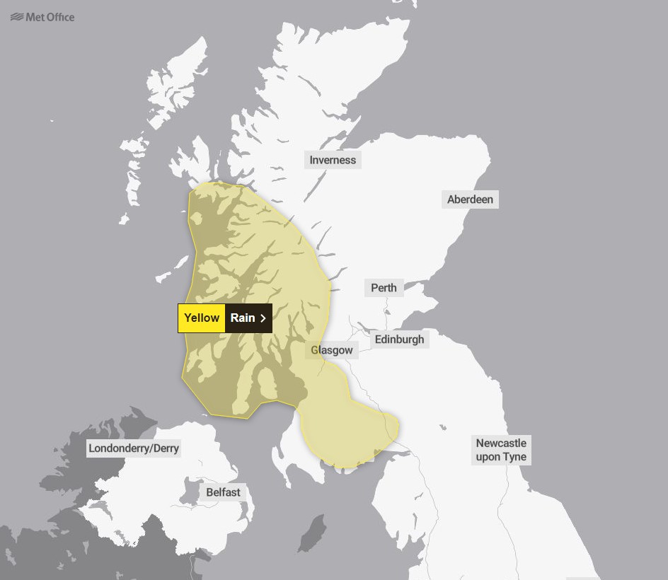 a map of scotland shows a yellow rain warning