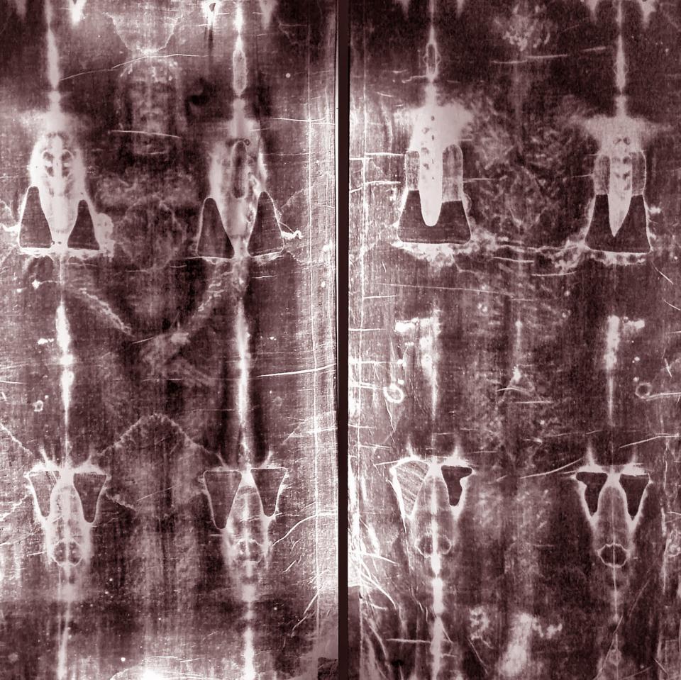 The top and bottom of the Shroud of Turin features the markings of a man who some believe is Jesus