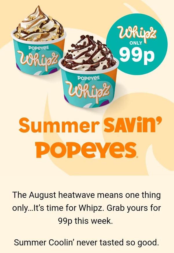 an advertisement for popeye 's whipz that says summer savin ' popeyes