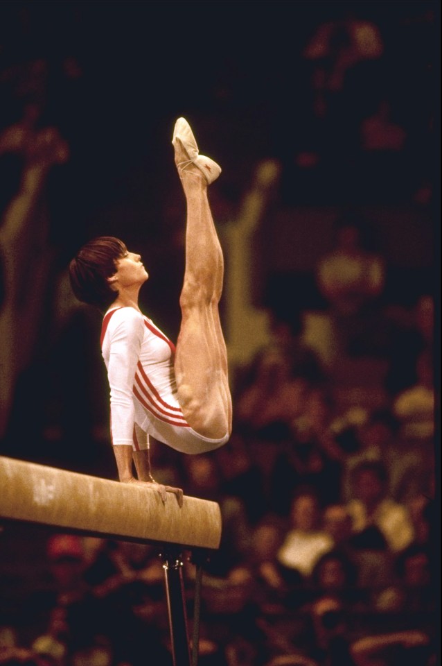 Nadia Comaneci of Romania in action on the balance beam