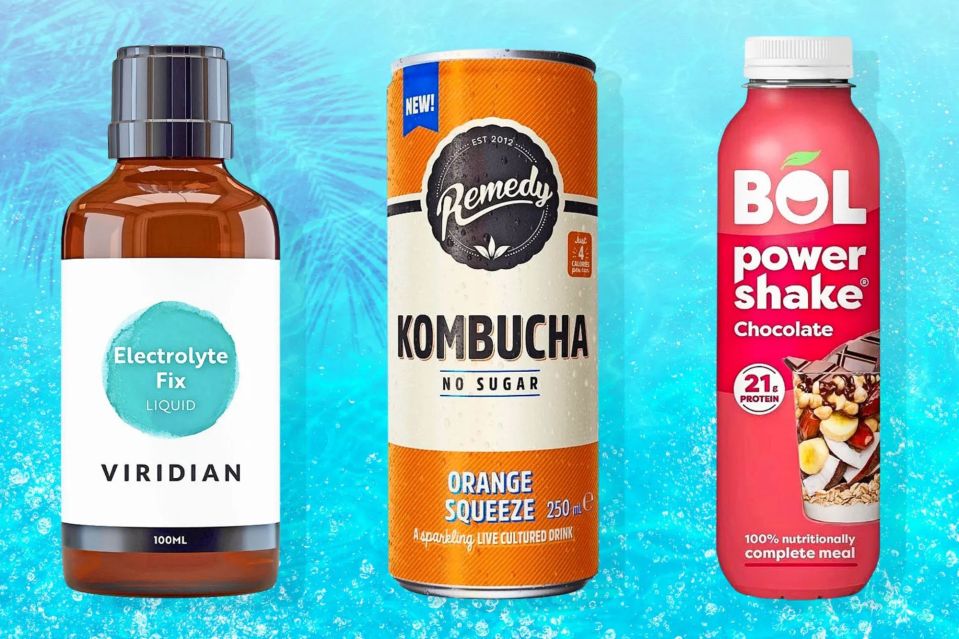 a bottle of remedy kombucha a can of orange squeeze and a bottle of bol power shake chocolate