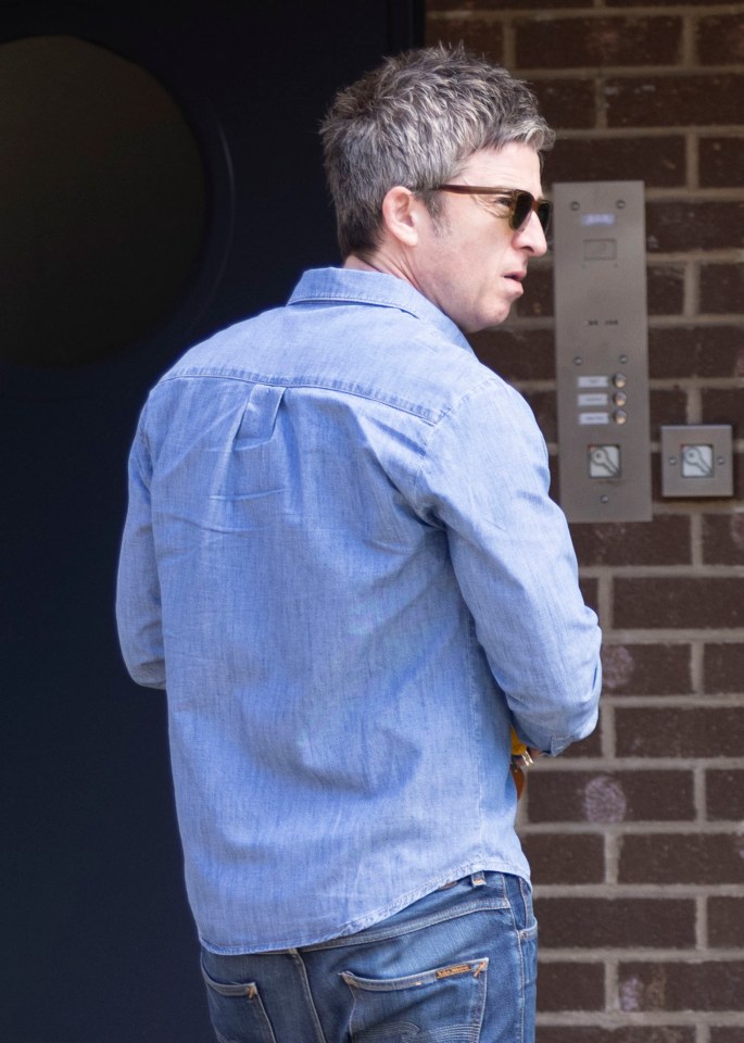 a man wearing sunglasses and a denim shirt stands in front of a brick building