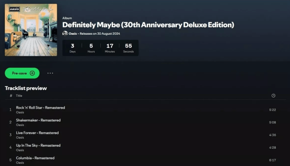 Spotify has published a countdown ahead of the re-release of Oasis' Definitely Maybe album