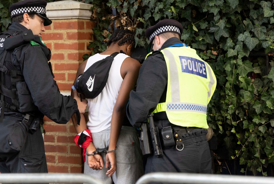 Police officers detain a man during the celebrations in West London