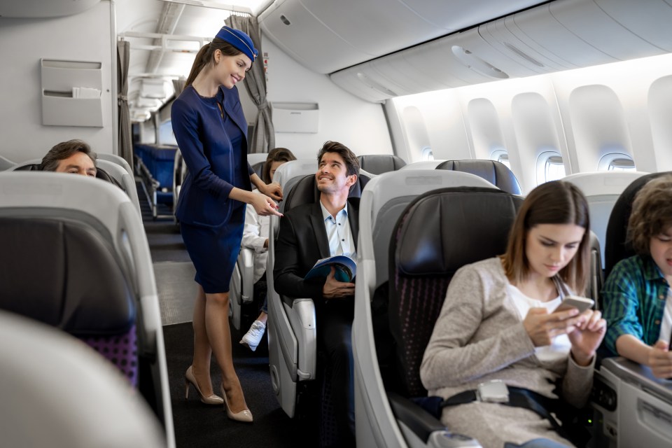 a stewardess is talking to a man on an airplane