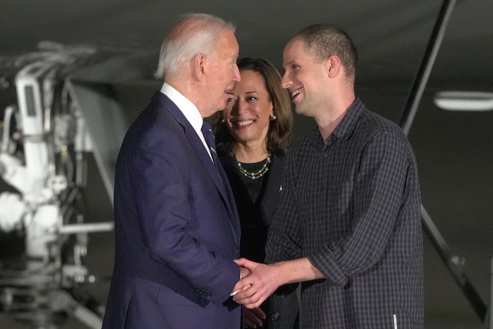 President Joe Biden and Vice President Kamala Harris greet reporter Evan Gershkovich at Andrews Air Force Base