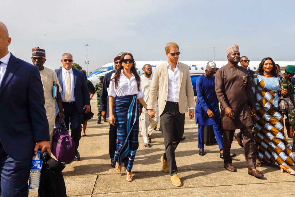 Harry and Meghan arrive at the Lagos airport for Official State Welcome on May 12, 2024 in Lagos, Nigeria