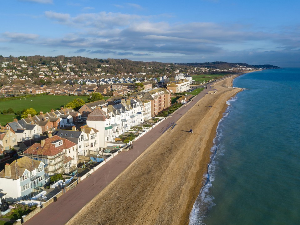 an aerial view of a beach with houses on the shore