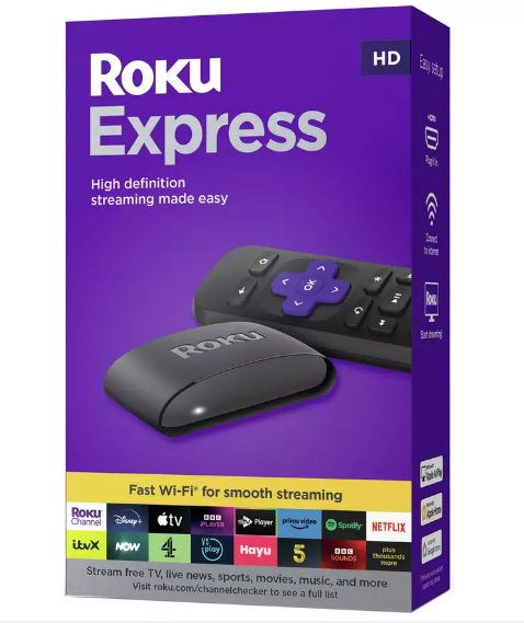 a roku express box with a remote in it