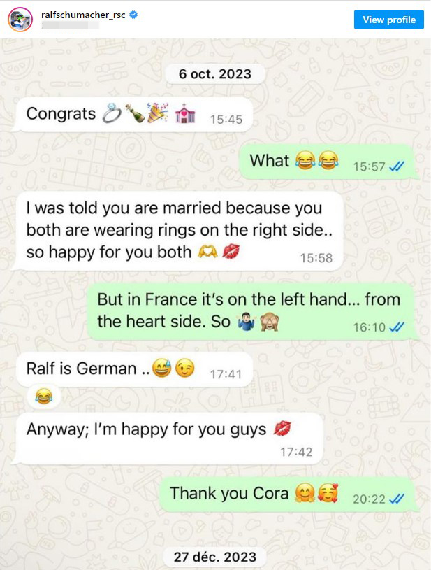 An alleged chat between Cora and Etienne that reportedly took place last year