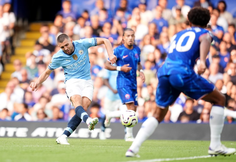 a soccer player in a city jersey kicks the ball