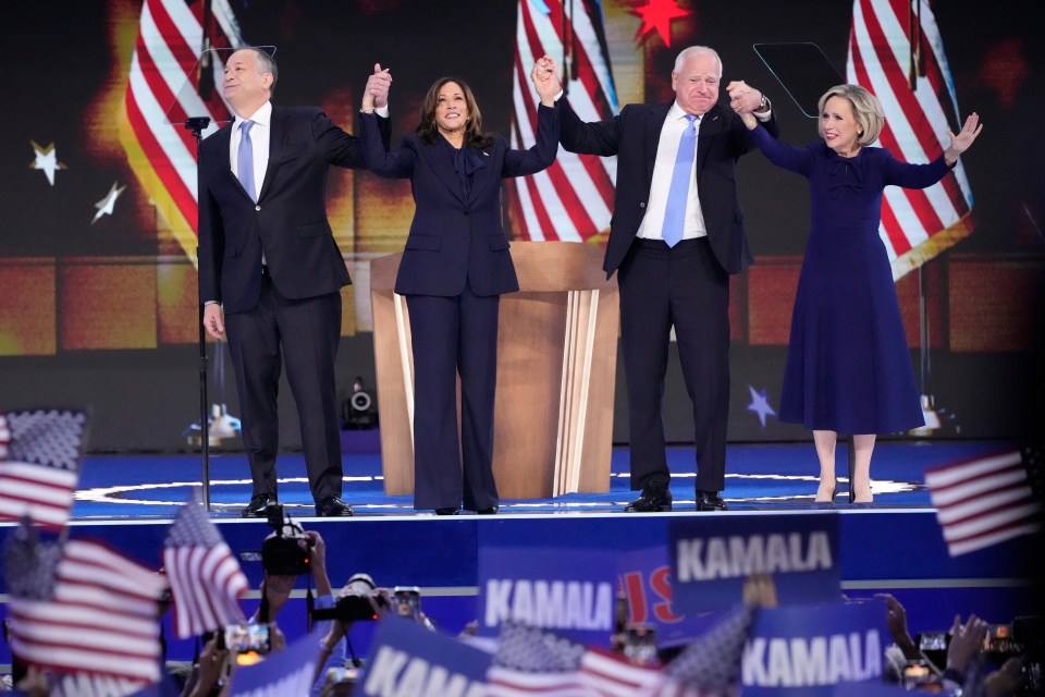 Kamala Harris, husband Doug, left, running mate Tim Walz and wife Gwen