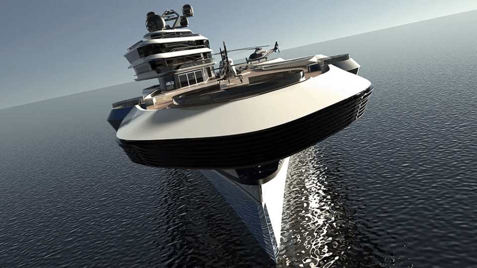 The vessel's curved lines distinguish it from traditional aircraft carrier ships