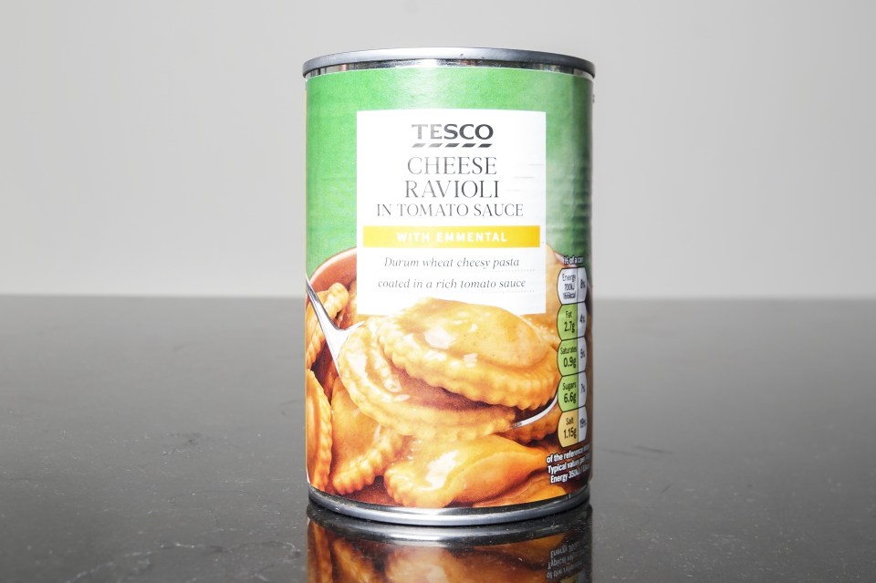 a can of tesco cheese ravioli in tomato sauce