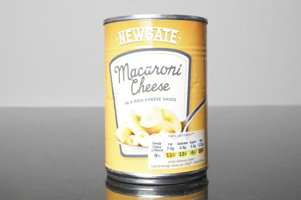 a can of macaroni cheese in a rich cheese sauce