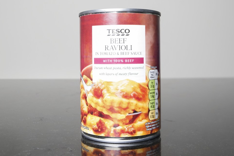 a can of tesco beef ravioli in tomato and beef sauce