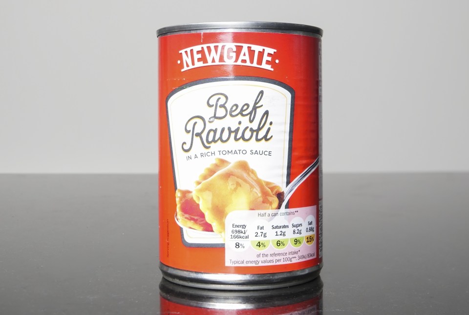 a can of newgate beef ravioli in a rich tomato sauce