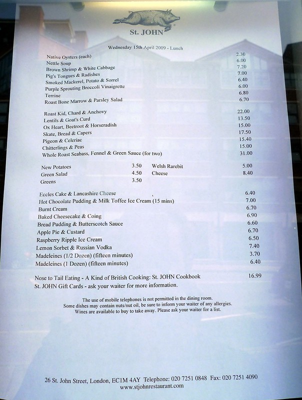 A previous menu at the St. John Bar & Restaurant Smithfield