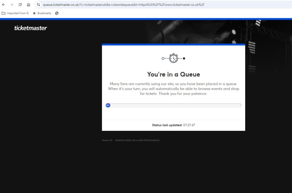 a screenshot of a ticketmaster website that says you 're in a queue