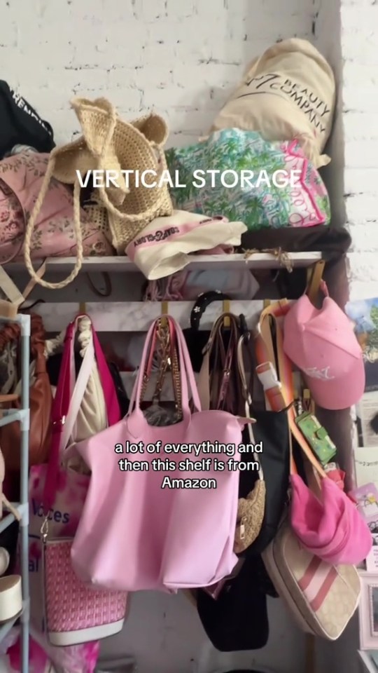 a bunch of handbags are hanging on a shelf with the words vertical storage above them