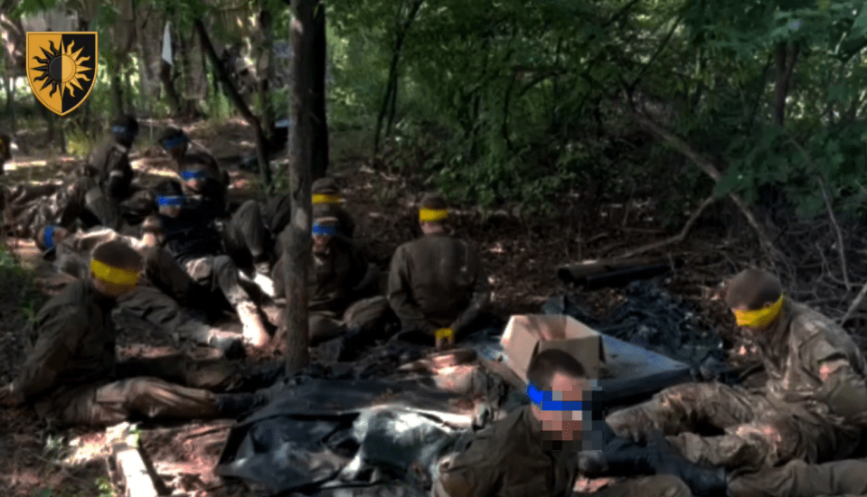 a group of soldiers are sitting in the woods with their eyes covered